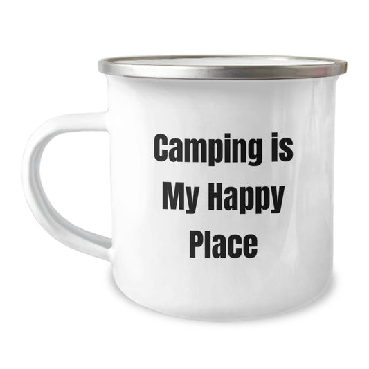 Funny Camping Gifts from Men for Women on Mother's Day - Camping Mug with 'Camping Is My Happy Place' Quote, Stainless Steel with Enamel Finish - Image 1