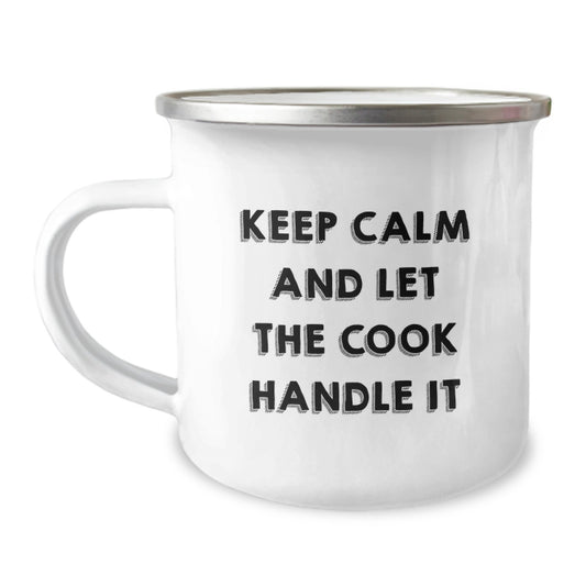 Funny Camping Mug Gifts from Friends for Birthday Cooks - Keep Calm and Let the Cook Handle It, 12 oz Stainless Steel with Enamel Finish - Image 1