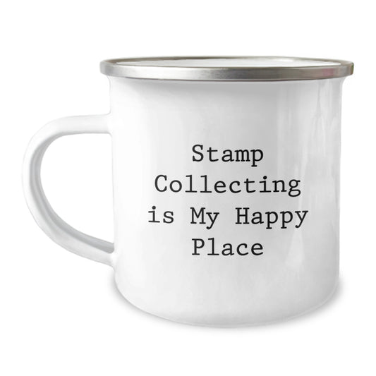 Stamp Collecting Enthusiasts Gifts for Men Stainless Steel Camping Mug Funny Quote 'Stamp Collecting Is My Happy Place' Christmas Unique - Image 1