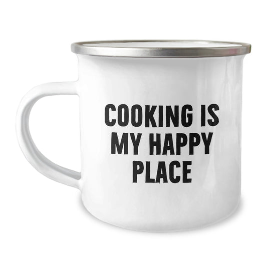 Funny Cooking Inspiration Gifts from Men to Wife on Valentine's Unique Camping Mugs with Quote 'Cooking Is My Happy Place' - Image 1