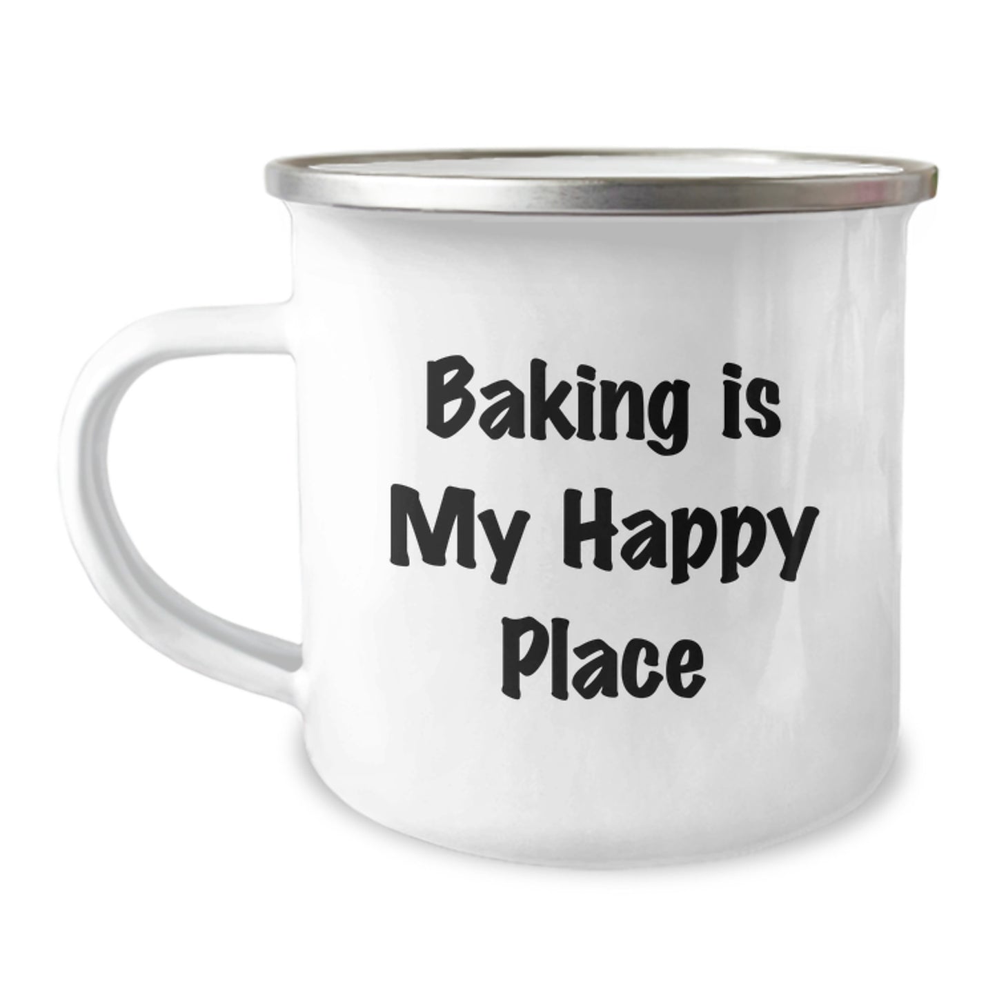Funny Baking Gifts for Women from Men - Baking Is My Happy Place Camping Mug, 12 oz Stainless Steel Enamel Finish, Perfect Christmas Unique Gifts - Image 1
