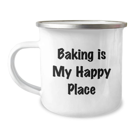 Funny Baking Gifts for Women from Men - Baking Is My Happy Place Camping Mug, 12 oz Stainless Steel Enamel Finish, Perfect Christmas Unique Gifts - Image 1