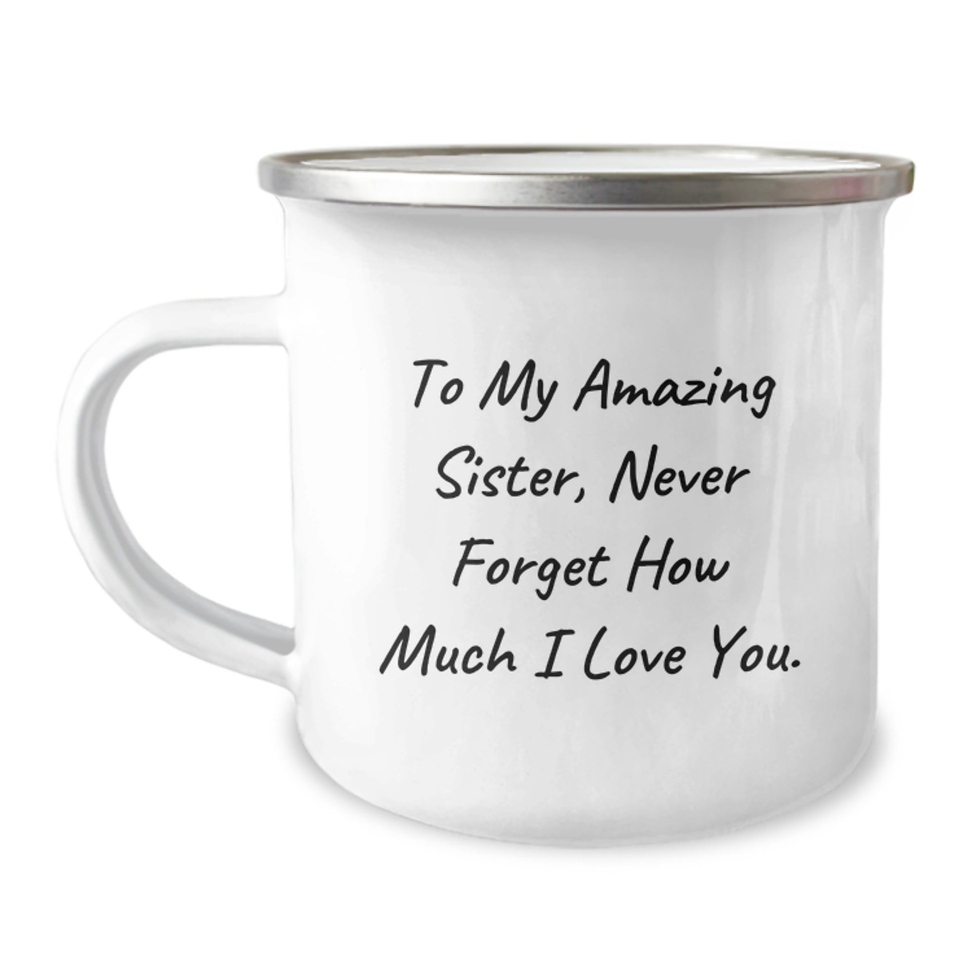 Funny Sister Gifts for Camping Mug, 'To My Amazing Sister', Stainless Steel Enamel Finish, Perfect for Christmas Unique Gifts from Family - Image 1