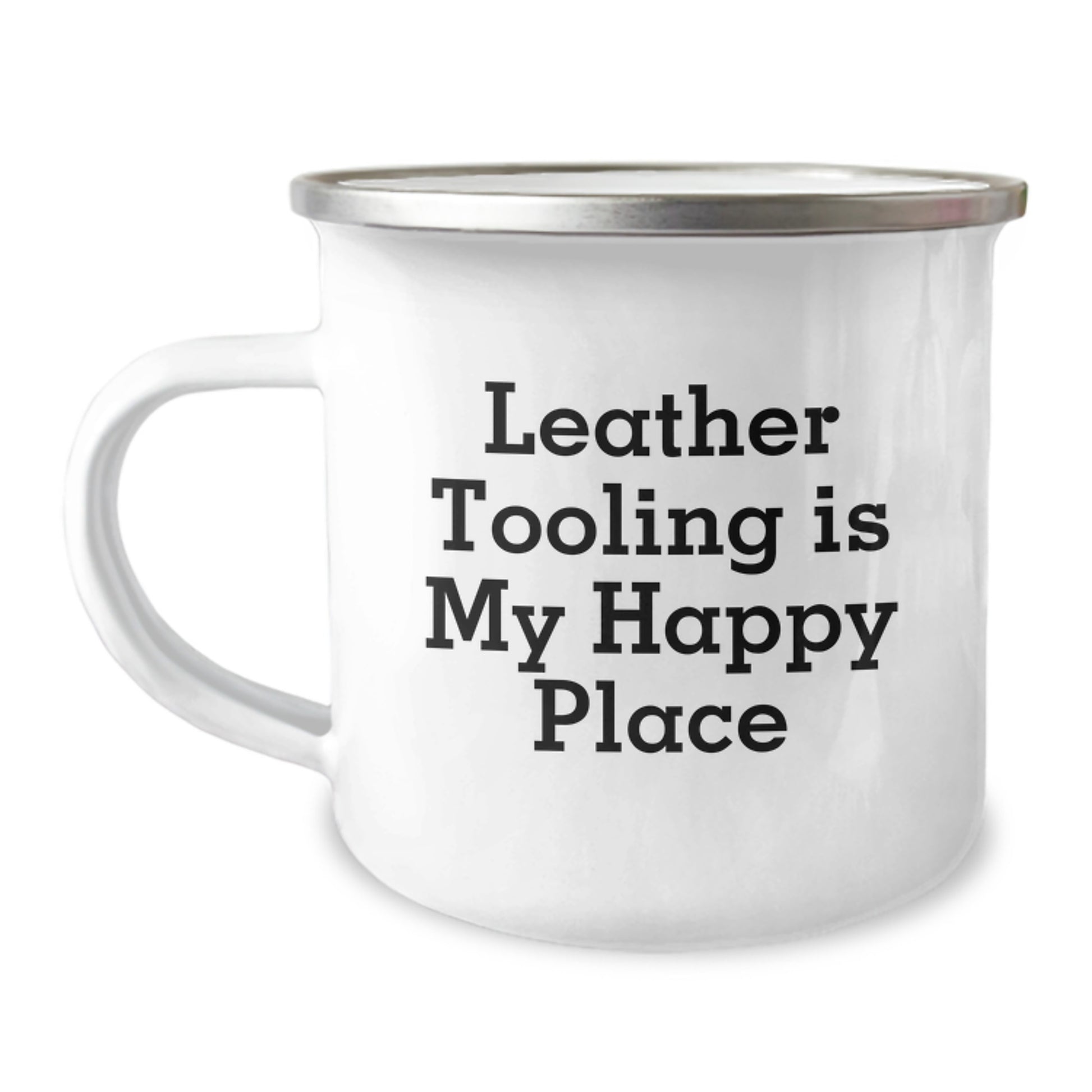 Leather Tooling Enthusiast Gifts from Men to Friends - 'Leather Tooling Is My Happy Place' Valentine's Unique Camping Mug - Image 1