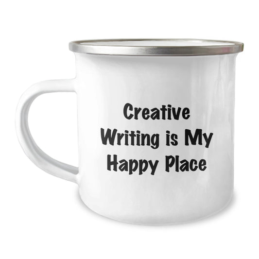 Creative Writing Lover Gifts from Friends, Unique Christmas Unique Gifts for Creative Writing Friends, 'Creative Writing Is My Happy Place' Camping Mug - Image 1