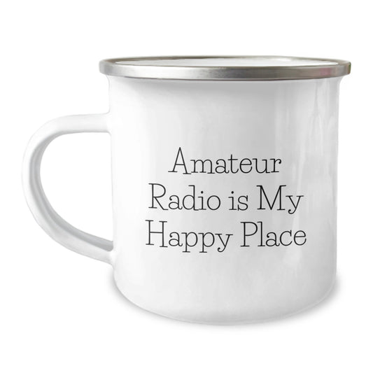 Funny Amateur Radio Gifts for Men from Friends - 'Amateur Radio Is My Happy Place' Camping Mug - Image 1