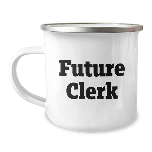 Funny Gifts from Friends for Future Clerks, Clerk Birthday Unique Mug, Stainless Steel Camping Mug with Quote, 12 oz Capacity - Image 1