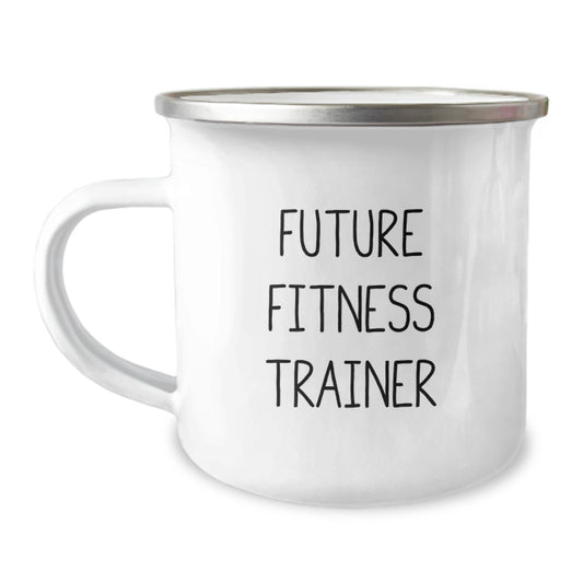 Funny Fitness Trainer Birthday Unique Gifts from Friends to Friends Camping Mug, 'Future Fitness Trainer' Quote, 12 oz Stainless Steel with Enamel Finish, Perfect for Men or Women - Image 1