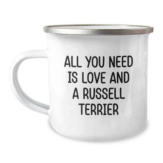 Russell Terrier Dog Lover's Camping Mug - All You Need Is Love, Funny Quote, Gifts from Friends for Russell Terrier Dog - Image 1