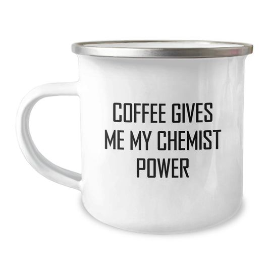Chemist Inspired Funny Camping Mug Gifts from Friends for Graduation, Coffee Gives Me My Chemist Power, Unique Chemist Gift for Chemists - Image 1