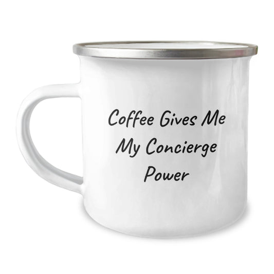 Funny Concierge Gifts for Graduation - Gifts from Family to Concierge Men - Camping Mug with 'Coffee Gives Me My Concierge Power' - Image 1