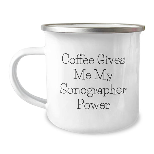 Sonographer Gifts from Family, Funny Coffee Mug for Graduation, 'Coffee Gives Me My Sonographer Power' Enamel Camping Mug - Image 1