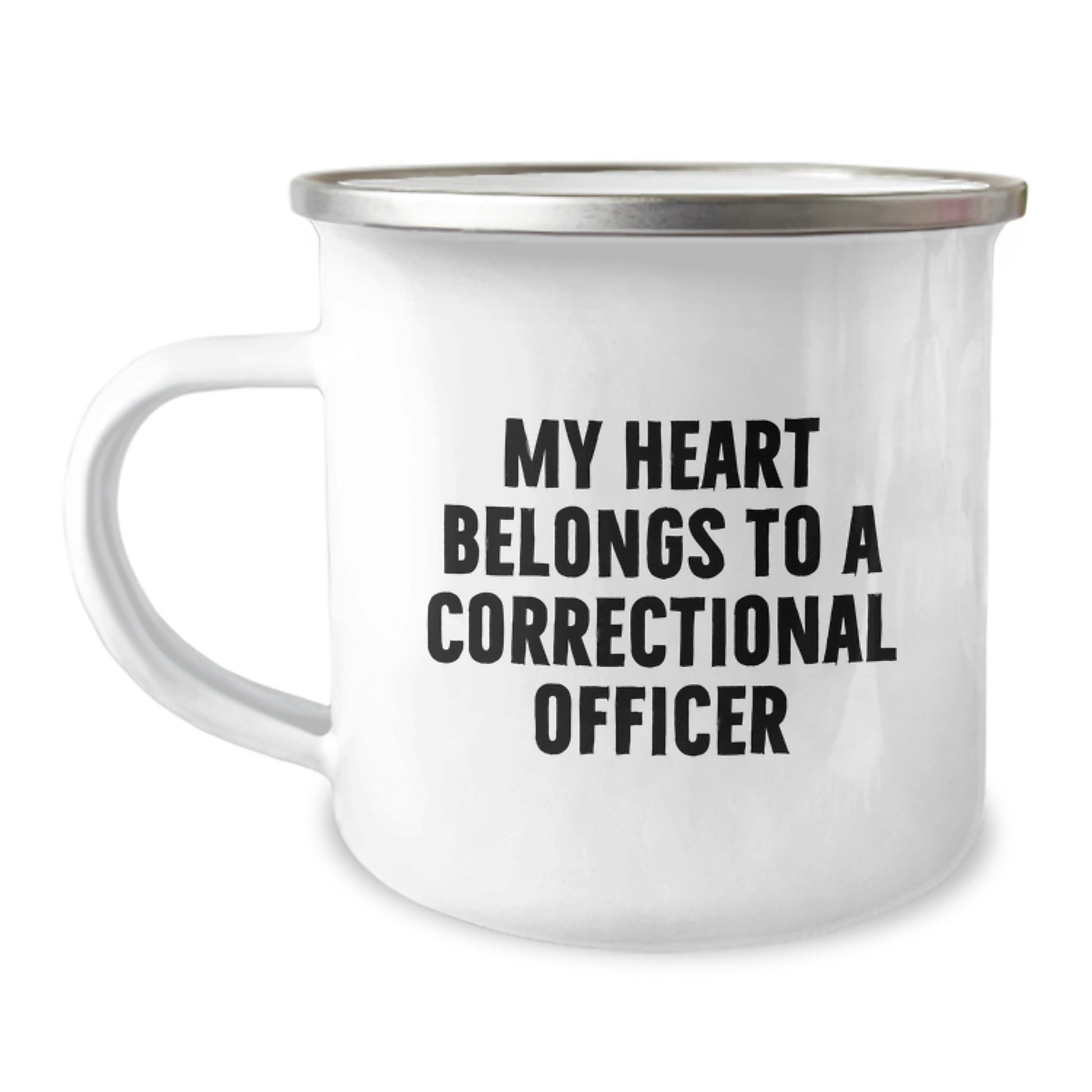 Funny Correctional Officer Gifts from Friends to Men - 'My Heart Belongs To A Correctional Officer' Camping Mug, Stainless Steel with Enamel Finish - Image 1