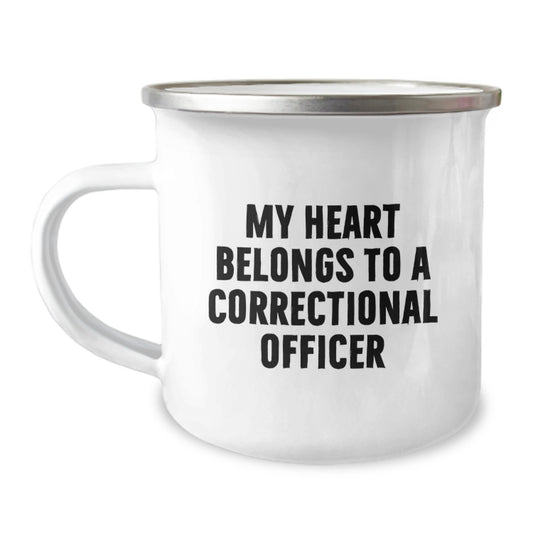 Funny Correctional Officer Gifts from Friends to Men - 'My Heart Belongs To A Correctional Officer' Camping Mug, Stainless Steel with Enamel Finish - Image 1
