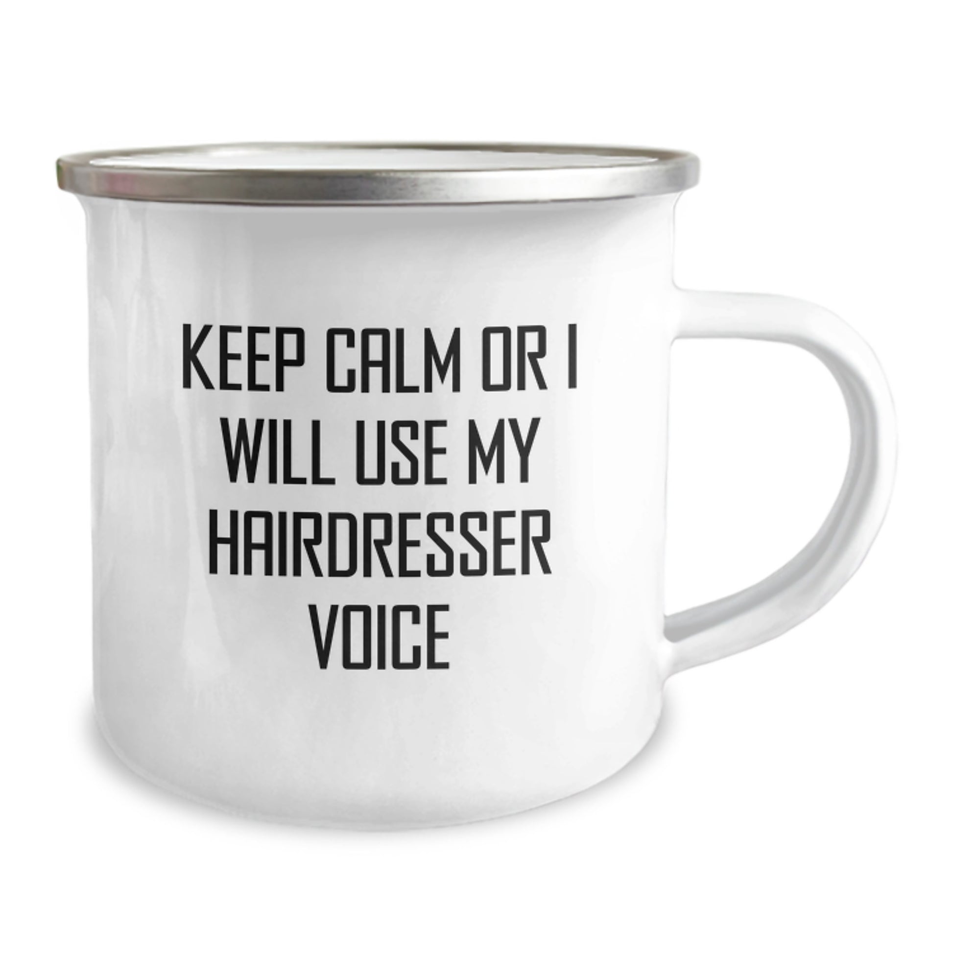 Funny Hairdresser Gifts for Valentine's, Camping Mug, 'Keep Calm Or I Will Use My Hairdresser Voice', Gifts from Family for Hairdresser - Image 2