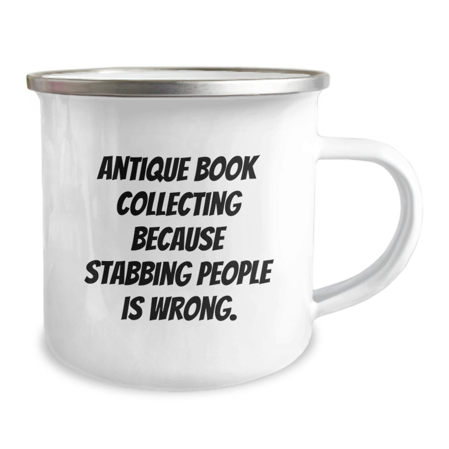 Funny Antique Book Collecting Gifts for Men, Women, Friends, or Coworkers - Stabbing People Is Wrong, Unique Camping Mug for Graduation - Image 2