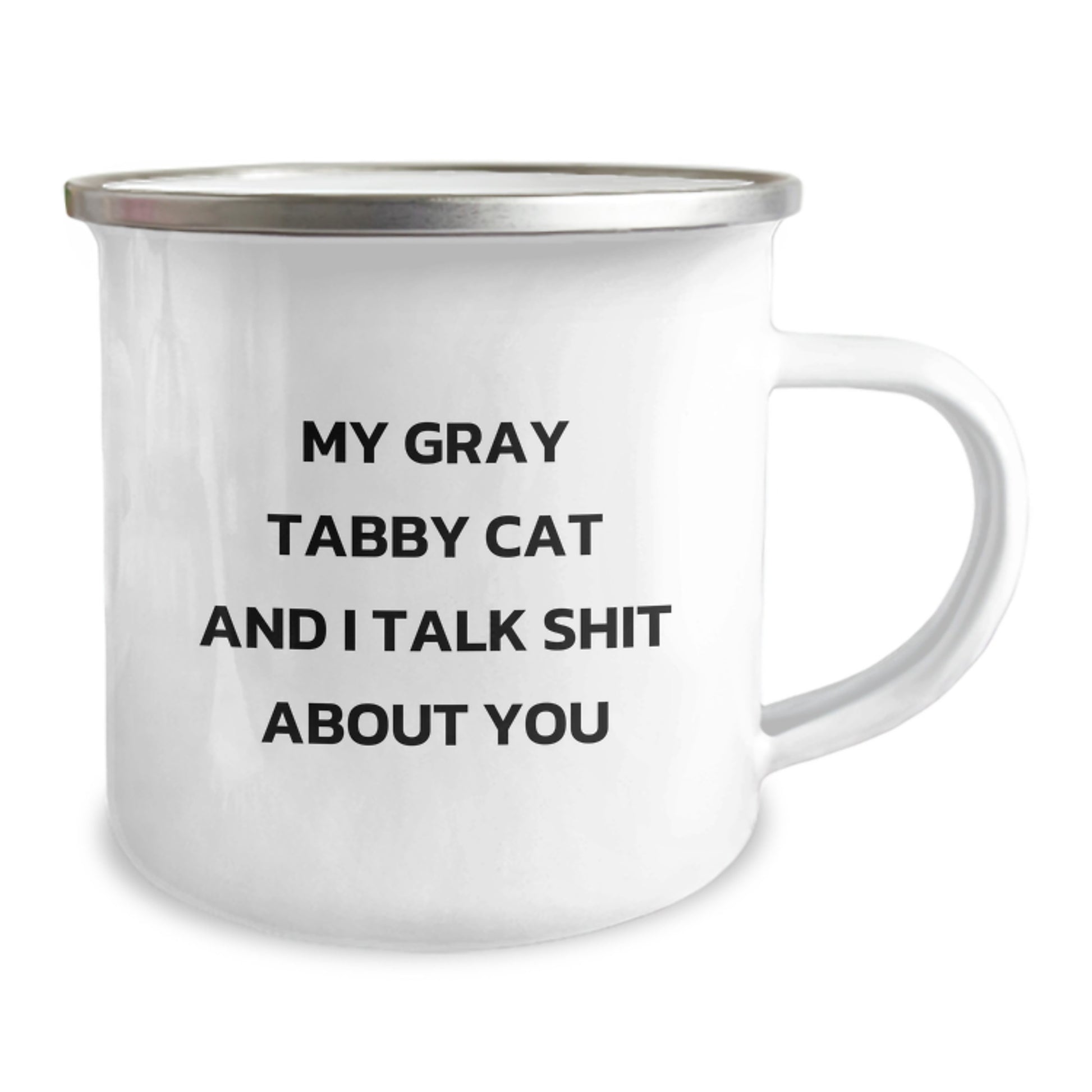 Funny Gray Tabby Cat Gifts from Friends for Valentine's Unique Camping Mug, 'My Gray Tabby Cat And I Talk Shit About You' Quote, Stainless Steel, 12 oz Capacity - Image 2