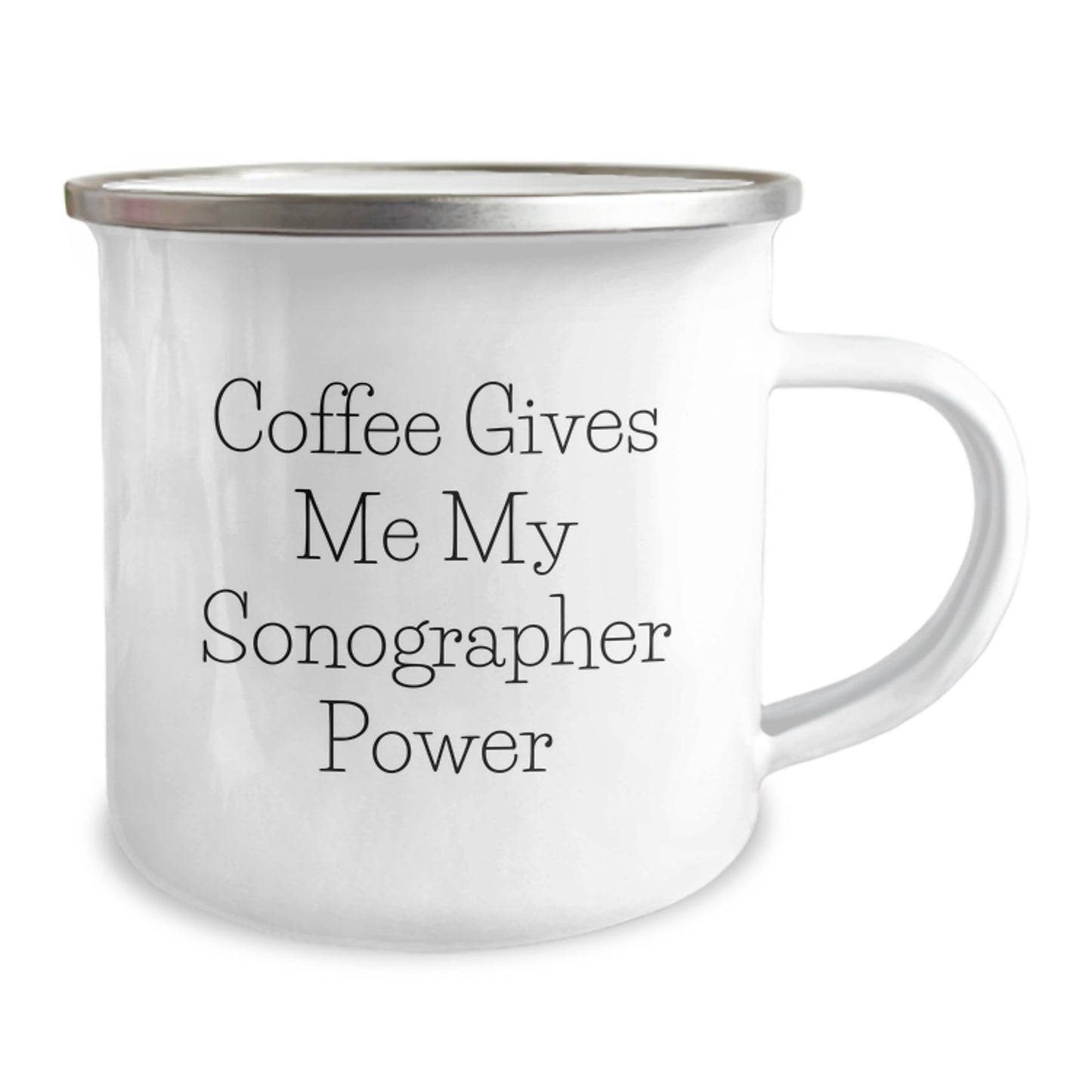 Sonographer Gifts from Family, Funny Coffee Mug for Graduation, 'Coffee Gives Me My Sonographer Power' Enamel Camping Mug - Image 2