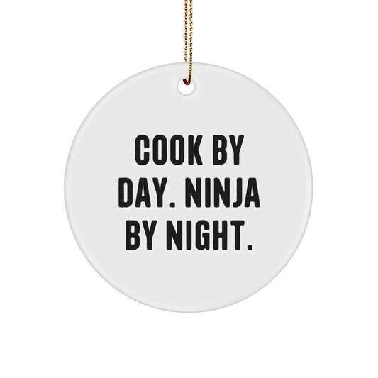 Funny Cook Gifts for Friends and Family - Circle Ornament with 'Cook By Day. Ninja By Night.' Quote, Christmas Unique Gifts from Men to Women - Image 1