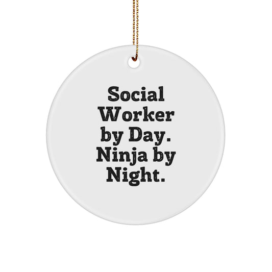Funny Social Worker Gifts, Circle Ornaments, 'Social Worker By Day. Ninja By Night.' Christmas Unique Presents for Coworkers, Friends, or Family - Image 1