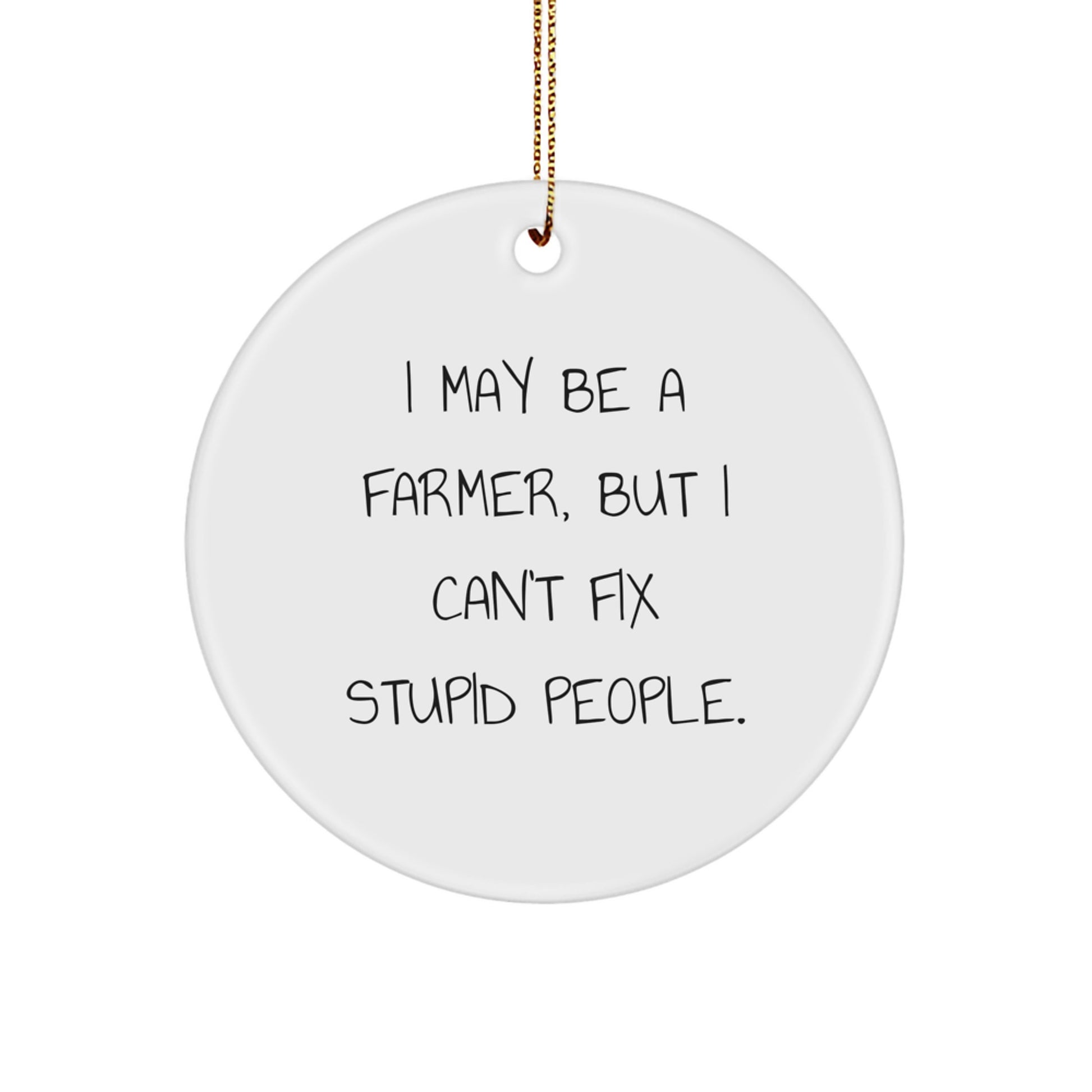 Funny Farmer Christmas Unique Gifts from Friends and Family, I May Be A Farmer, But I Can't Fix Stupid People. Circle Ornament - Image 1