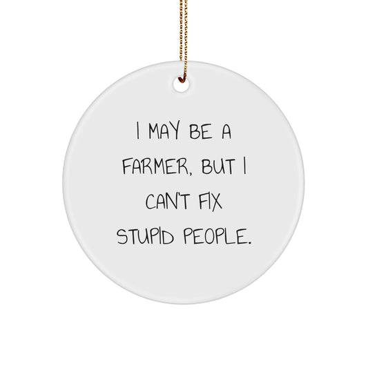 Funny Farmer Christmas Unique Gifts from Friends and Family, I May Be A Farmer, But I Can't Fix Stupid People. Circle Ornament - Image 1