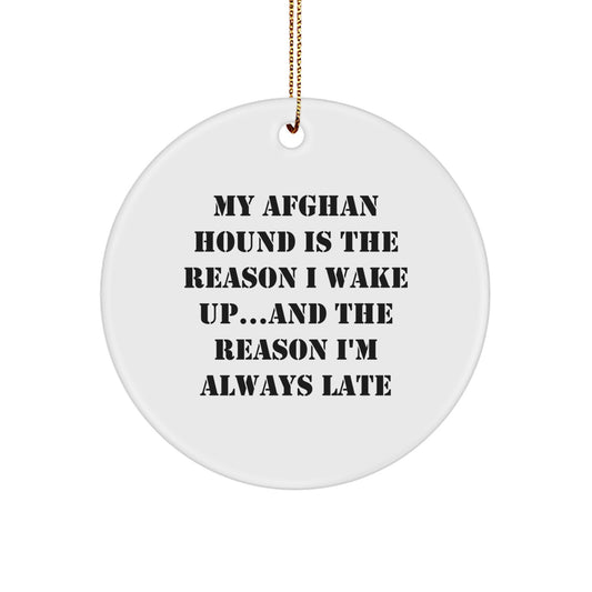 Funny Afghan Hound Dog Lover Gifts from Friends for Christmas Unique Circle Ornament with 'My Afghan Hound Is The Reason I Wake Up...and The Reason I'm Always Late' Quote for Women Men Family - Image 1