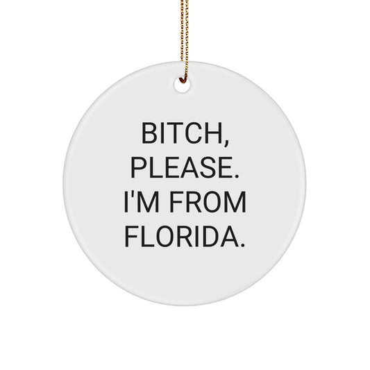 Funny Florida Gifts from Friends for Florida Men - 'B-tch, Please Florida' Circle Ornament, Unique Christmas Decorations - Image 1