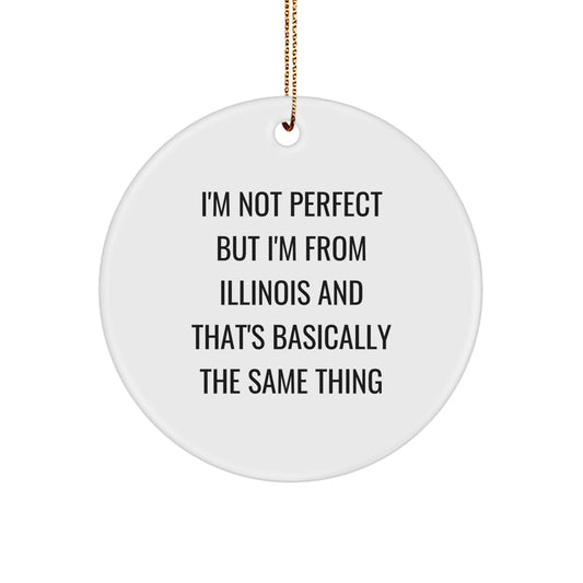 Funny Illinois Circle Ornaments, Gifts from Friends, Family, Coworkers to Illinois Men, Women - 'I'm Not Perfect But I'm From Illinois And That's Basically The Same Thing' - Image 1