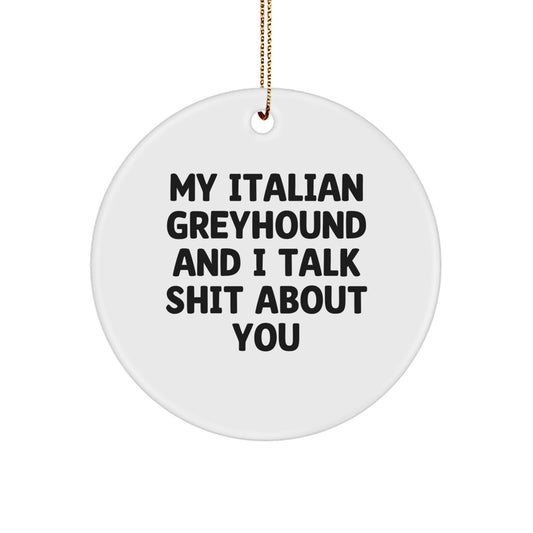 Funny Italian Greyhound Dog Christmas Unique Gifts from Friends, Circle Ornament with 'My Italian Greyhound And I Talk Shit About You' Quote for Italian Greyhound Dog Owners - Image 1