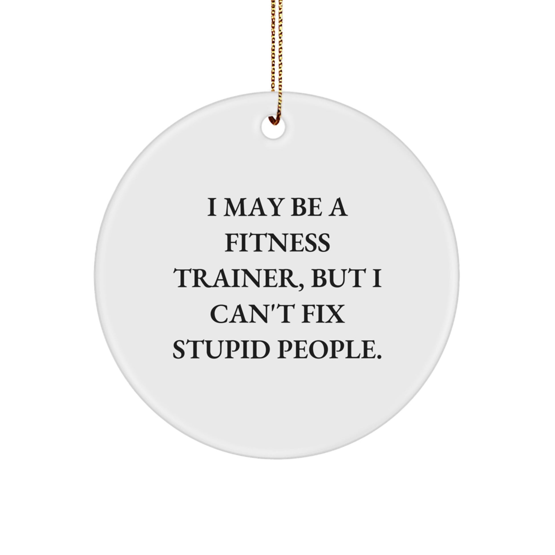 Fitness Trainer Gifts from Men - Funny Circle Ornament for Christmas Memorable Presents - 'I May Be A Fitness Trainer, But I Can't Fix Stupid People' Quote - Gifts for Fitness Trainers - Image 1