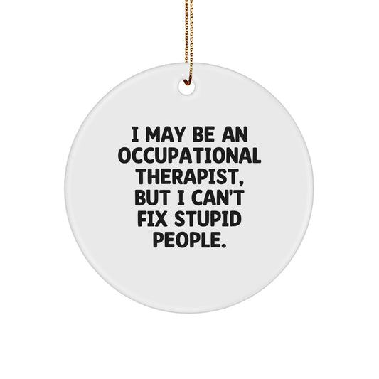 Funny Occupational Therapist Gifts from Friends for Christmas Circle Ornament - 'I May Be An Occupational Therapist, But I Can't Fix Stupid People.' - Image 1