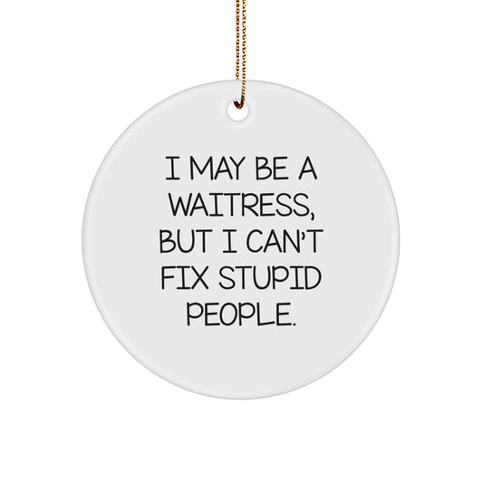 Funny Waitress Gifts, I May Be A Waitress, But I Can't Fix Stupid People. Circle Ornament for Christmas Unique Gifts from Friends, Family, or Coworkers to Waitress - Image 1