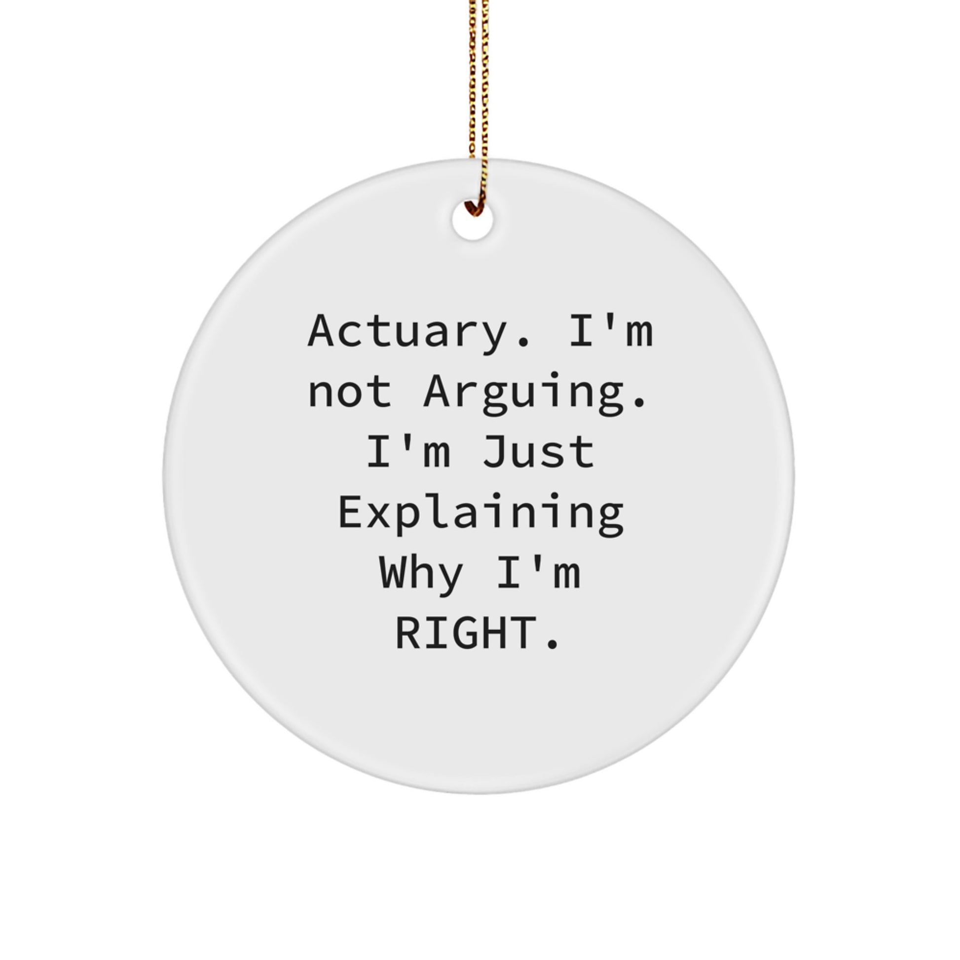 Funny Actuary Gifts from Friends for Men and Women, Unique Christmas Circle Ornament with 'Actuary. I'm Not Arguing. I'm Just Explaining Why I'm Right.' - Image 1