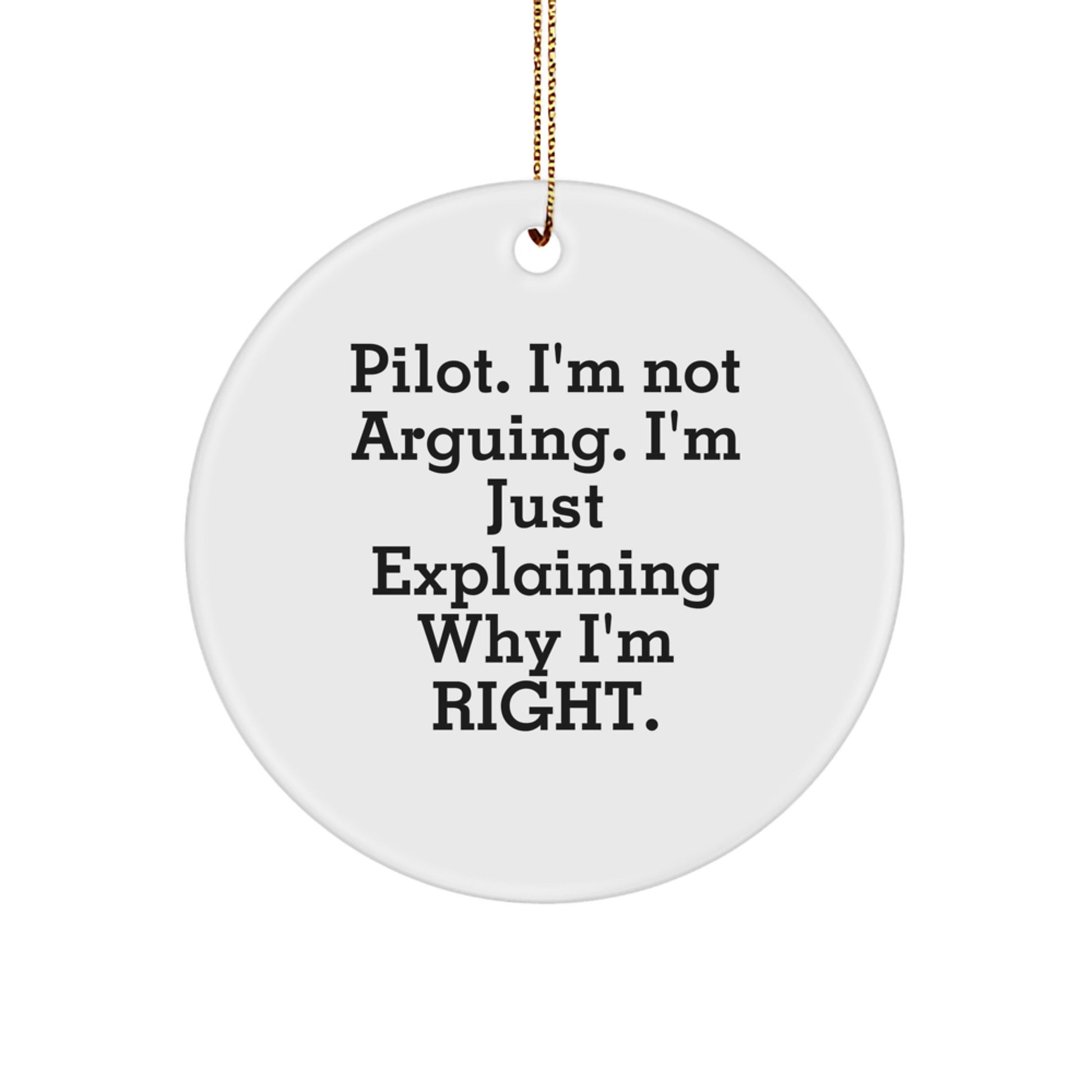 Funny Pilot Gifts from Friends, Unique Circle Ornament for Christmas Celebration, Inspirational Quote 'Pilot. I'm Not Arguing. I'm Just Explaining Why I'm Right.' - Image 1