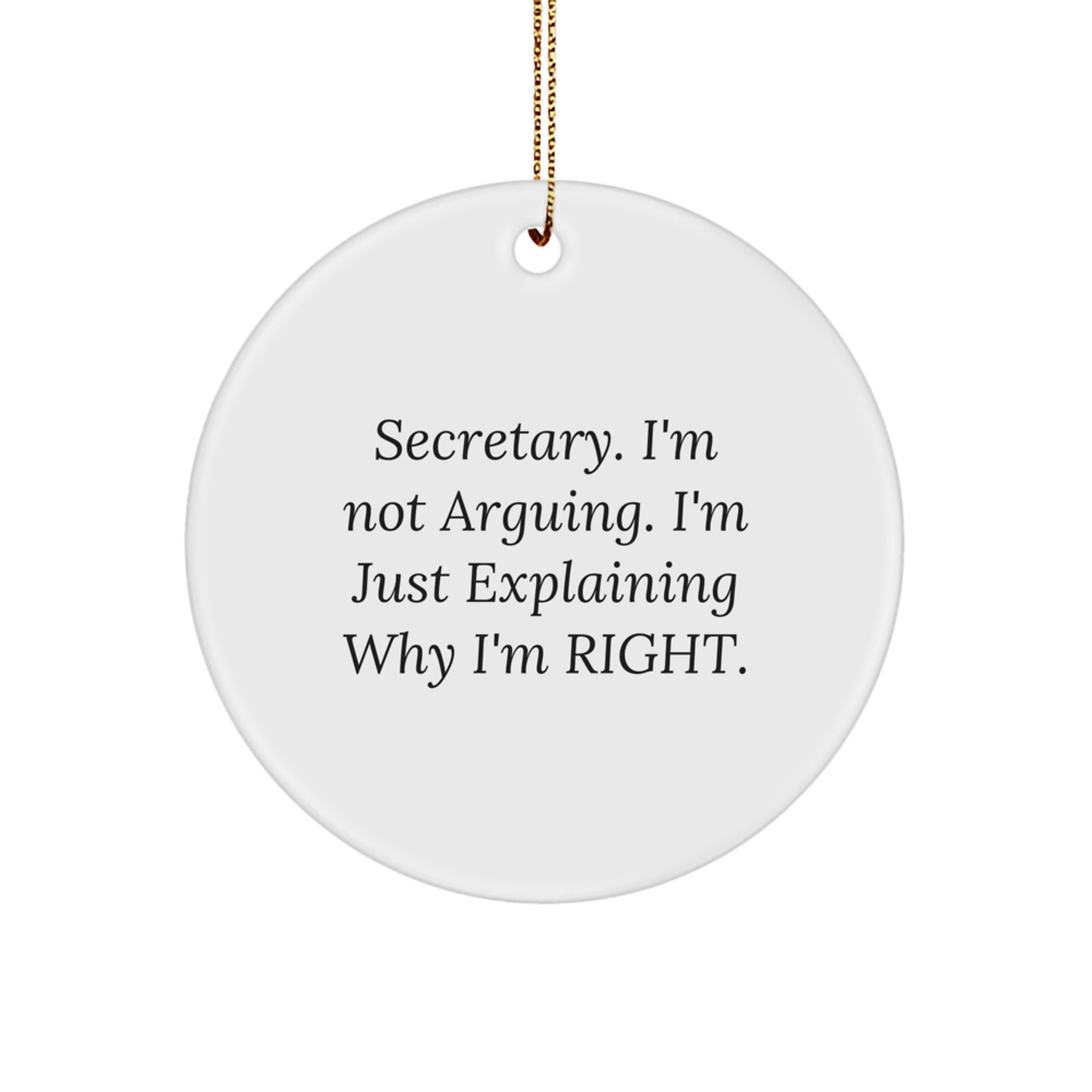 Funny Secretary Gifts from Friends for Christmas Unique Circle Ornament, 'Secretary. I'm Not Arguing. I'm Just Explaining Why I'm Right.' Decorative Wall Art - Image 1