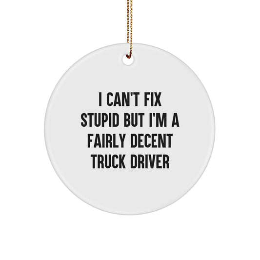 Funny Truck Driver Gifts from Friends for Men - I Can't Fix Stupid Circle Ornament - Christmas Unique Decorations - Image 1