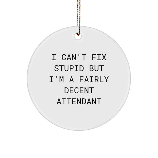 Funny Attendant Christmas Unique Gifts for Men and Women - Circle Ornament with I Can't Fix Stupid But I'm A Fairly Decent Attendant Quote - Gifts from Friends and Family - Image 1