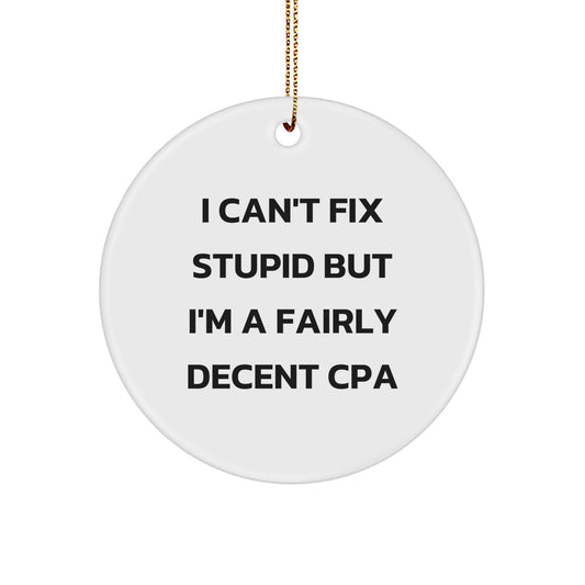 Funny CPA Gifts, I Can't Fix Stupid But I'm A Fairly Decent Cpa Circle Ornament for Men, Women, or Friends, Christmas Unique Gifts from Family, Coworkers, or Friends - Image 1