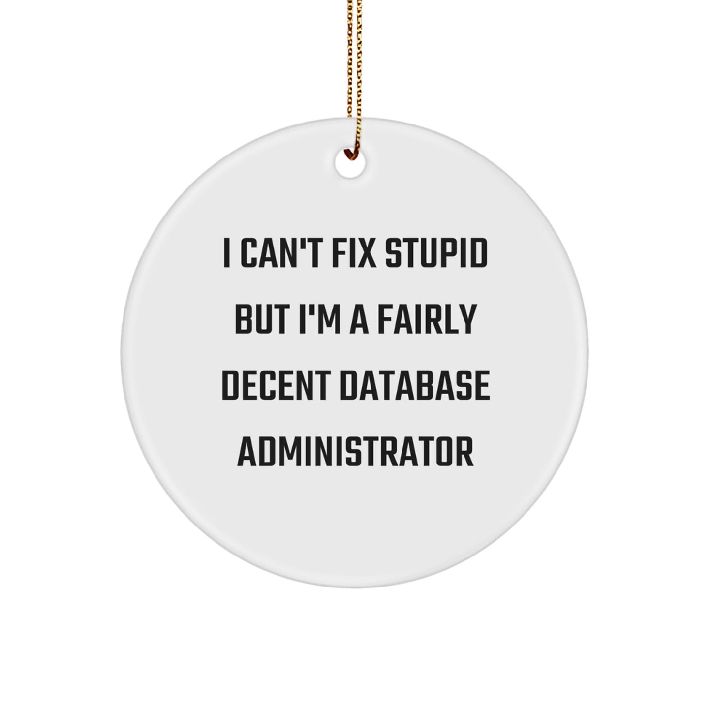 Funny Database Administrator Gifts from Friends, Unique Circle Ornament for Christmas, Humorous Quote about Being Decent - I Can't Fix Stupid But I'm A Fairly Decent Database Administrator - Image 1