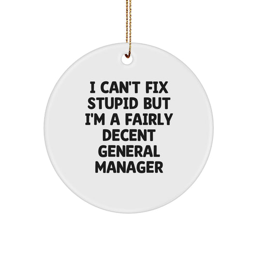 Funny General Manager Christmas Circle Ornament Gifts for Men from Friends, Inspirational Quote, I Cant Fix Stupid - Image 1