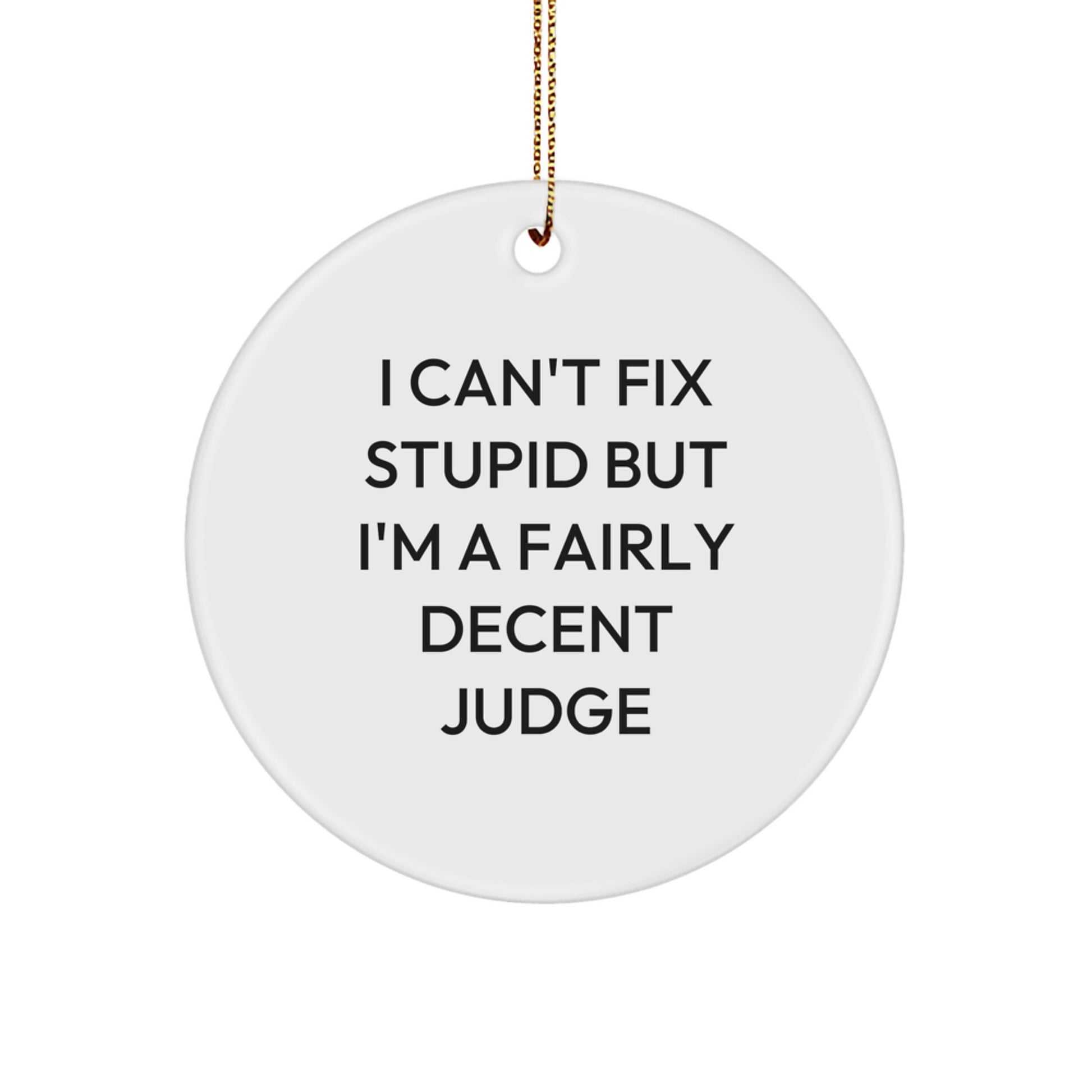 Funny Judge Gifts for Men, Women, Friends, Coworkers, Family - I Can't Fix Stupid Judge Circle Ornament, White, Christmas Unique Presents - Image 1