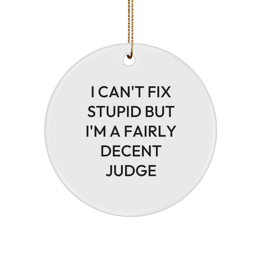 Funny Judge Gifts for Men, Women, Friends, Coworkers, Family - I Can't Fix Stupid Judge Circle Ornament, White, Christmas Unique Presents - Image 1