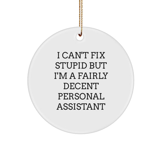 Funny Personal Assistant Gifts for Friends, Coworkers, or Family - I Can't Fix Stupid But I'm A Fairly Decent Personal Assistant Circle Ornament for Christmas - Image 1