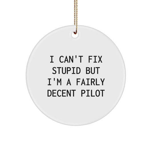 Pilot Gifts from Friends - Funny Christmas Circle Ornament, I Can't Fix Stupid But I'm A Fairly Decent Pilot, Unique Pilot Ornament for Men or Women, Gifts for Pilot Enthusiasts - Image 1