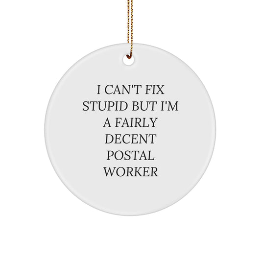 Funny Postal Worker Gifts for Men - Cute Circle Ornament with Inspirational Quote, 'I Can't Fix Stupid' - Unique Christmas Decorations from Friends - Image 1