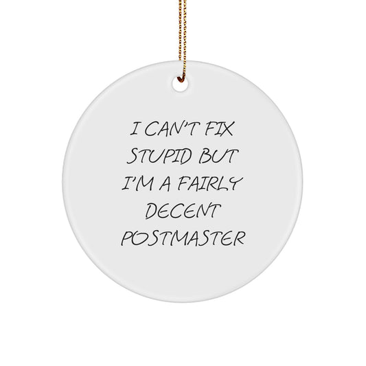 Funny Postmaster Gifts from Friends or Family, Christmas Unique Ornament for Men or Women, 'I Can't Fix Stupid But I'm A Fairly Decent Postmaster' Circle Decoration - Image 1