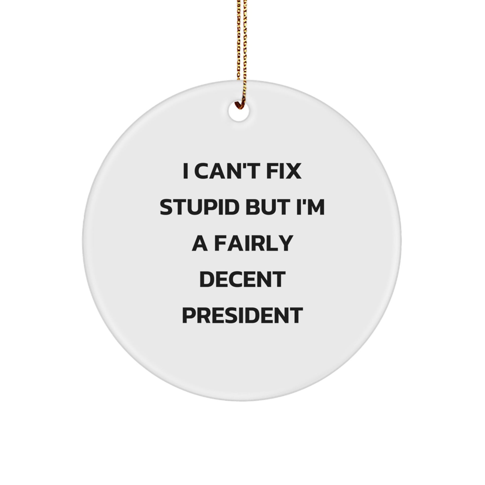 Funny President Gifts for Men - Christmas Unique Circle Ornament, 'I Can't Fix Stupid But I'm A Fairly Decent President' Quote, Perfect President Gift from Friends or Family - Image 1