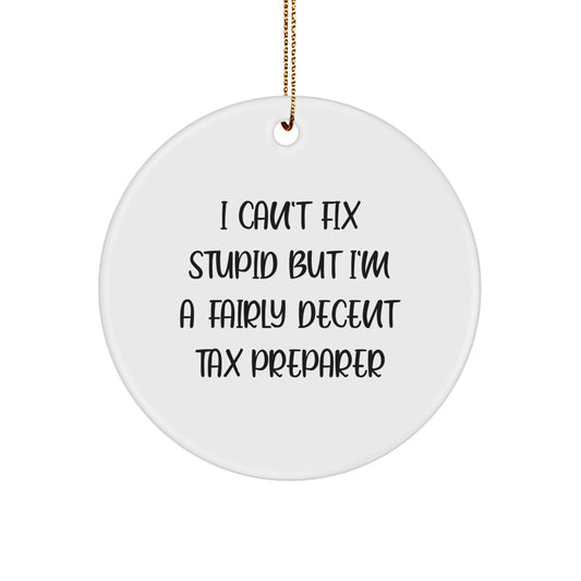 Funny Tax Preparer Gifts from Friends, Christmas Unique Circle Ornaments with I Can't Fix Stupid But I'm A Fairly Decent Tax Preparer Quote for Tax Preparer - Image 1