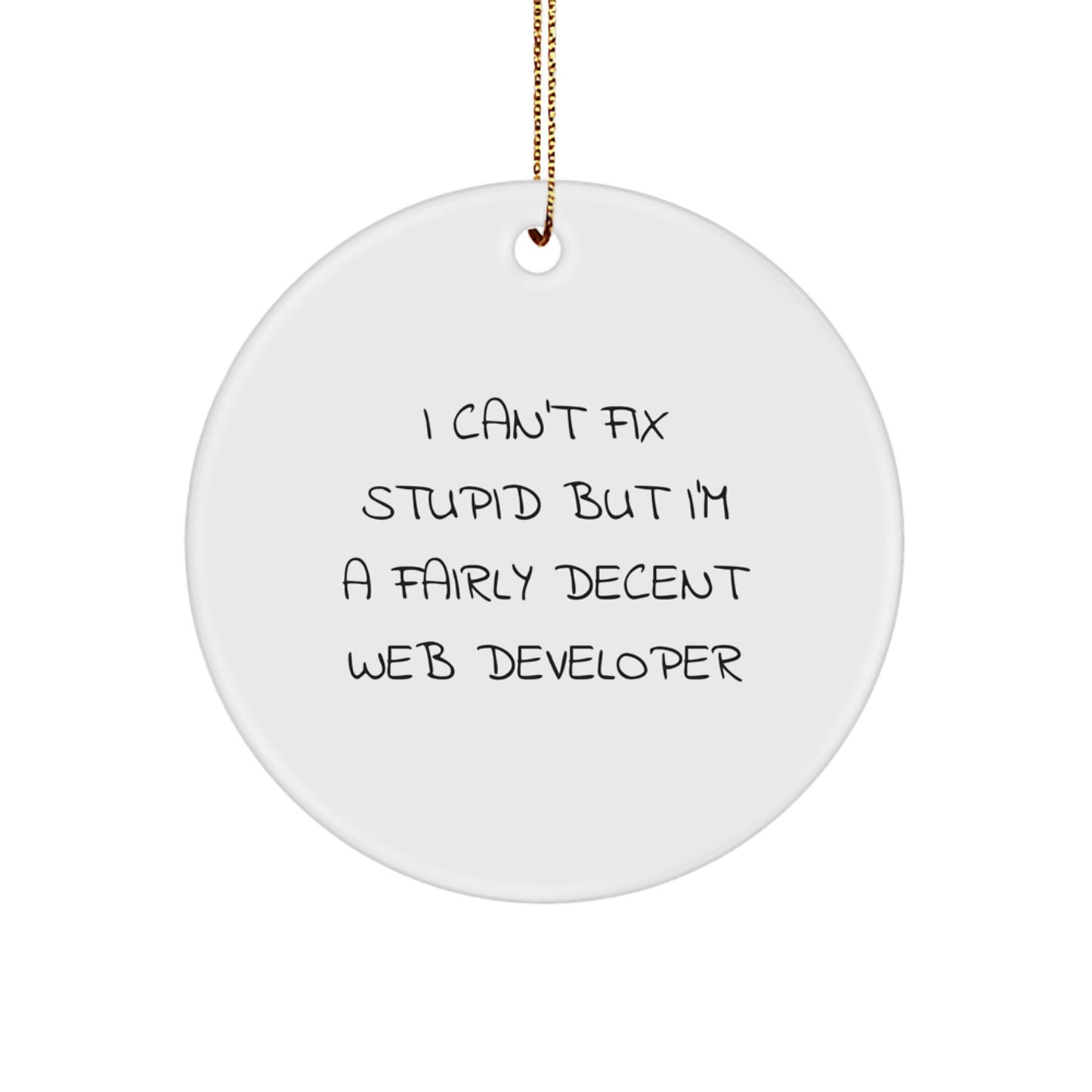 Funny Web Developer Christmas Circle Ornament Gifts from Friends or Family for Web Developer - I Can't Fix Stupid But I'm A Fairly Decent Web Developer - Image 1